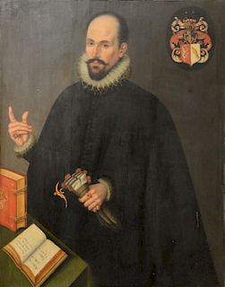 Cornelia Toe Boecop (1551-1630), 
oil on panel, 
Portrait of a Gentleman, 
with ruffle collar and books, 
coat of arms top right, 
s...