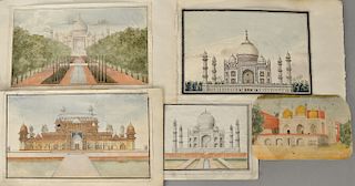 Group of seven Indian School Taj Mahal-Agra miniature watercolors to include: 
"View of the _____", signed and titled on verso; 
"Um...