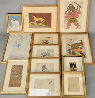 Group of twelve framed paintings including a set of four ink and watercolor on tissue paper of exotic animals, Persian illuminated c...