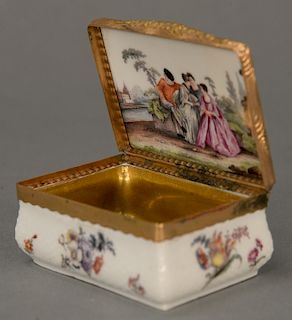 18th/19th century gold mounted and hand painted porcelain patch box,  finely painted flower exterior with gold mounted rim and hinge...