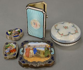 Five enameled silver boxes to include one with hinged lid with 1980's Christie's labels