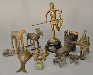 Group of archaic figural bronze and brass items to include double figure, Centaur censor, two headed animal, horse, wristband, tall ...