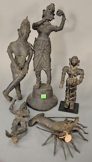 Five piece Archaic figural bronze group to include two large dancing figures, Egyptian figure, and a bronze lobster