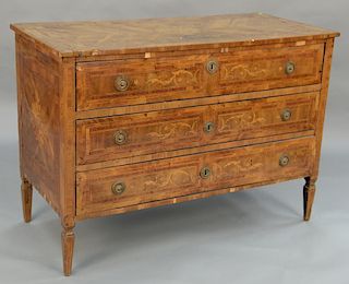 Italian Directoire commode with inlaid top, 
three inlaid drawers with floral and line inlaid sides, circa 1810 (veneer chips).
heig...