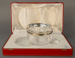 Cartier silver mounted crystal caviar bowl and glass dish in fitted box. 
bowl: height 3 1/2 inches, diameter 7 1/8 inches 
dish: he...