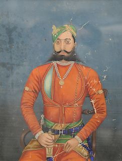 Seated Portrait, 
gouache, possibly Mughal India, 
Emperor or Prince, 
ruler wearing bejeweled turban and jewelry, holding a sword, ...