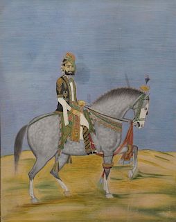 Two early Persian Indian manuscript gouache paintings of men on horseback, unframed, 
(1) man wearing a jeweled turban and gilt gold...