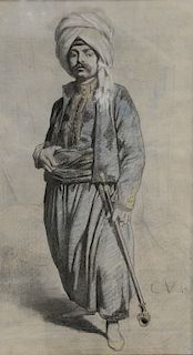 Charles Valfort (19th Century), 
red, black, and white chalk on paper, 
Standing Arab, full length portrait 1849, 
watermark top rig...