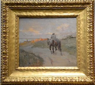 Frederick Hall (1860-1948), 
oil on panel, 
Man on Horseback, 
dedicated lower right: Fred Hall to W.R.W., 
label on verso: Vose Gal...