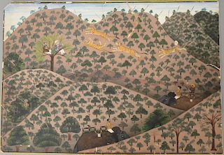 Kotah School,  opaque watercolor and gold on paper,  Tiger Hunt,  mountainous tiger hunt with great King in one tree shooting...