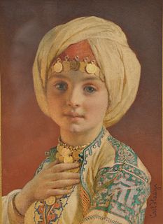 Carl Haag (1820-1915), mixed media watercolor and body color/paper, Orientalist Portrait of a Child, signed lower right: Carl Haa...
