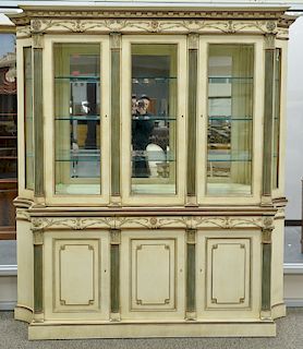 E.J. Victor breakfront with three dimensional flowers, 
breakfront having three bevel glass doors on base with doors and drawers. 
b...