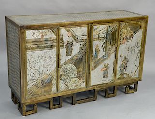 Philip and Kelvin LaVerne "Chan Li" cabinet,  patinated bronze and acid etched pewter and enamel Asian scene, painted wood interior ...