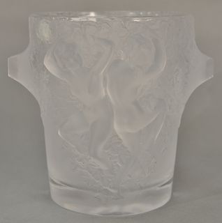Lalique frosted glass Ganymede wine cooler, 
having molded figures on each side of champagne bucket, signed on bottom: Lalique Franc...