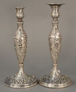 S Kirk & Son sterling silver candlesticks, 
repousse style, weighted, marked: S Kirk & Son Inc. sterling 108F hand decorated (one bo...