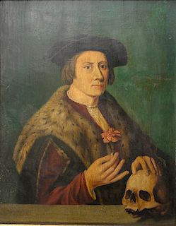 Half length portrait, 
oil on board, 
Gentleman Holding a Flower with hand on a Skull, 
signed illegibly center right: W….. Hutts? M...