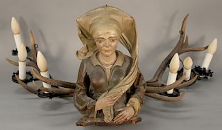 South German Lusterweibchen,  carved polychrome depicting a half woman figure wearing a headscarf with six wired lights on two elk a...