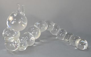 Steuben glass figure of a caterpillar, marked: Steuben.  height 6 1/4 inches, length 10 1/4 inches
