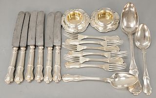 Russian silver to include two open salts, six dinner forks, two tablespoons, one serving spoon, and six knives, monogrammed. 
servin...