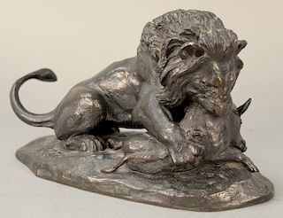Antoine-Louis Barye (1795 - 1875),  bronze,  Lion and Boar on oval base,  signed on base: Barye,  originally from Stuart Pivar Collection, br...