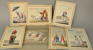 Group of seven unframed Orientalist watercolors including four depicting landscapes with figures, one depicting an elephant with pal...