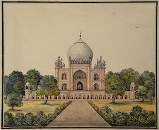 Ruse & Turners, 
watercolor, 
Taj Mahal, 
finely painted landscape and mosque, 
Ruse and Turners 1827 watermark, 
unsigned, 
7 1/4" ...