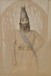 Standing Portrait, 
watercolor pencil, 
Orientalist man wearing jeweled metals and belt, 
written bottom left: Mehmet-Khan Beylerbey...