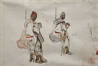 Alfred Dehodencq (1822-1882), 
watercolor and brown ink over graphite on paper, 
Two Studies of Turkish Janissary, Orientalist, 
ins...