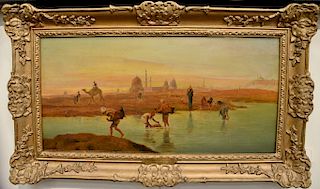Frederick Goodall (1822-1904),  oil on canvas,  Orientalist Landscape - Getting Water and Herding Sheep,  initialed lower left: F.G....