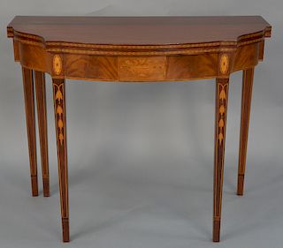 Fineberg mahogany five leg game table, 
with drawer having large bellflower inlaid legs and urn inlaid panel. 
height 29 inches, wid...