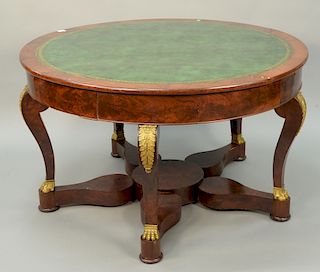 French Empire round center table having tooled green leather top,  five drawers in frieze on five scrolled legs with gilt bronze mou...