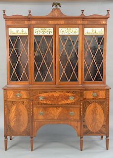 Sacks Federal style custom mahogany breakfront,  two parts, upper section with four glazed doors and eglomise panels set on lower se...