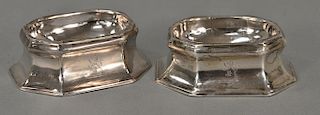 Mary Rood 1723 pair of silver trencher salts,  eight sided with lion coat of arms
