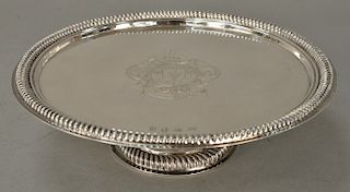 James Chadwick silver tazza/salver,  circular with gadrooned edge and center coat of arms on round pedestal base with gadrooned roun...