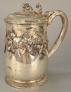 Paul Storr (1771-1844) silver tankard,  having strawberry finial and body wrapped with strawberries and leaves with gilt interior,...
