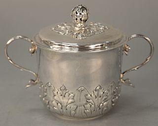 I.A.C. 1680 silver caudle cup/porringer with cover,  having pierced flower finial with leaf chasing surround on cup with two scrol...