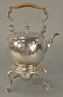 Hester Bateman silver hot water kettle,  on stand with warmer, circa 1770, with light chasing set on base with three scallop shell feet
