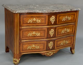 E.J. Victor Louis XV style marble top commode, 
having metal mounts and handles. 
height 32 3/4 inches, width 46 1/2 inches, depth 2...