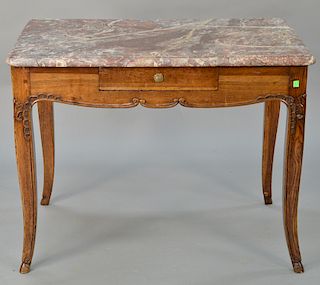 Louis XV oak table with rectangular rouge marble top,  over one drawer and pull-out writing surface in back, 18th century.  height 3...