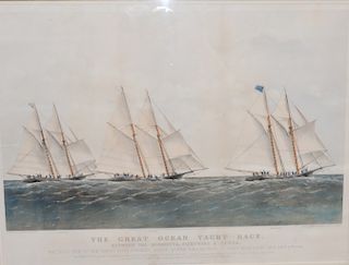 Currier & Ives,  hand colored lithograph,  The Great Ocean Yacht Race,  Between the Henrietta, Fleetwing and Vesta,  The "Go...