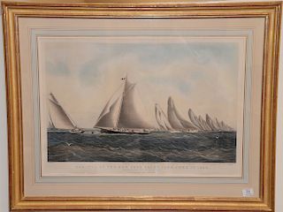 Nathaniel Currier, 
hand colored lithograph, 
Regatta of the New York Yacht Club. June 1st 1854, Rounding the S.W. Spot, 
sight size...