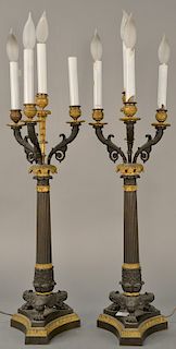 Pair of bronze and gilt bronze candelabra lamps with four lights each.
height 33 1/4 inches

Provenance: 
Estate of Eileen Slocum lo...