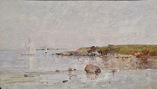 Charles Edwin Lewis Green (1844-1915),  oil on board,  Sailboats in a Quiet Inlet,  unsigned,  label on verso: Vose Gallerie...