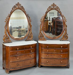 Pair of rosewood Victorian marble top chests,  white marble tops and carved oval mirrors, held by carved supports with dragons. <R...