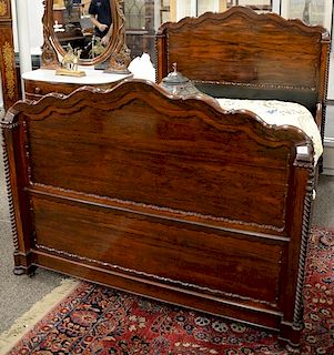 Rosewood Victorian bed with twist turned columns and recessed shaped panels, attributed to Alexander Roux