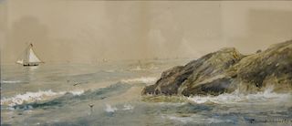 Edmund Darch Lewis (1835-1910), 
watercolor, 
Seascape, Rocks and Sailboat, 
signed and dated lower right: Edmund D. Lewis 1892, 
si...