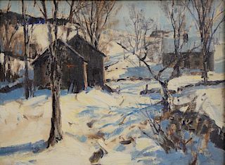 Charles Curtis Allen (1886-1950), 
oil on board, 
"Crisp Winter Day", 
unsigned, 
label on verso: Vose Galleries, 
stamp on verso: V...