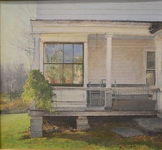 Peter Poskas (b. 1939), 
oil on canvas, 
Cornwall Farm Porch, 
signed lower right: Poskas, 
13" x 14"