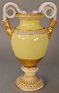 Meissen urn with double snake yellow body having gilt highlights. 
height 15 1/4 inches