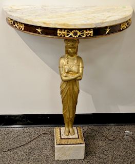 Pair of demilune marble top console tables,  with carved and gilt figural supports on marble block bases.  height 33 1/2 inches,...